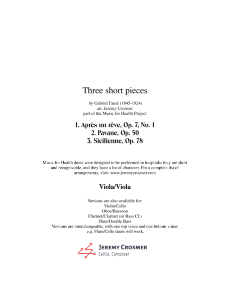 Fauré: Après un rêve, Pavane, and Sicilienne - Music for Health Duet 2 Violas (arr. Jeremy Crosmer)