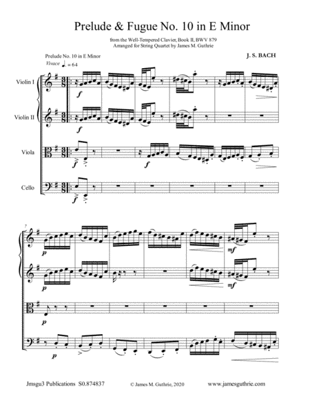 BACH: Prelude & Fugue No. 10 in E Minor, BWV 879 for String Quartet (arr. James M. Guthrie)