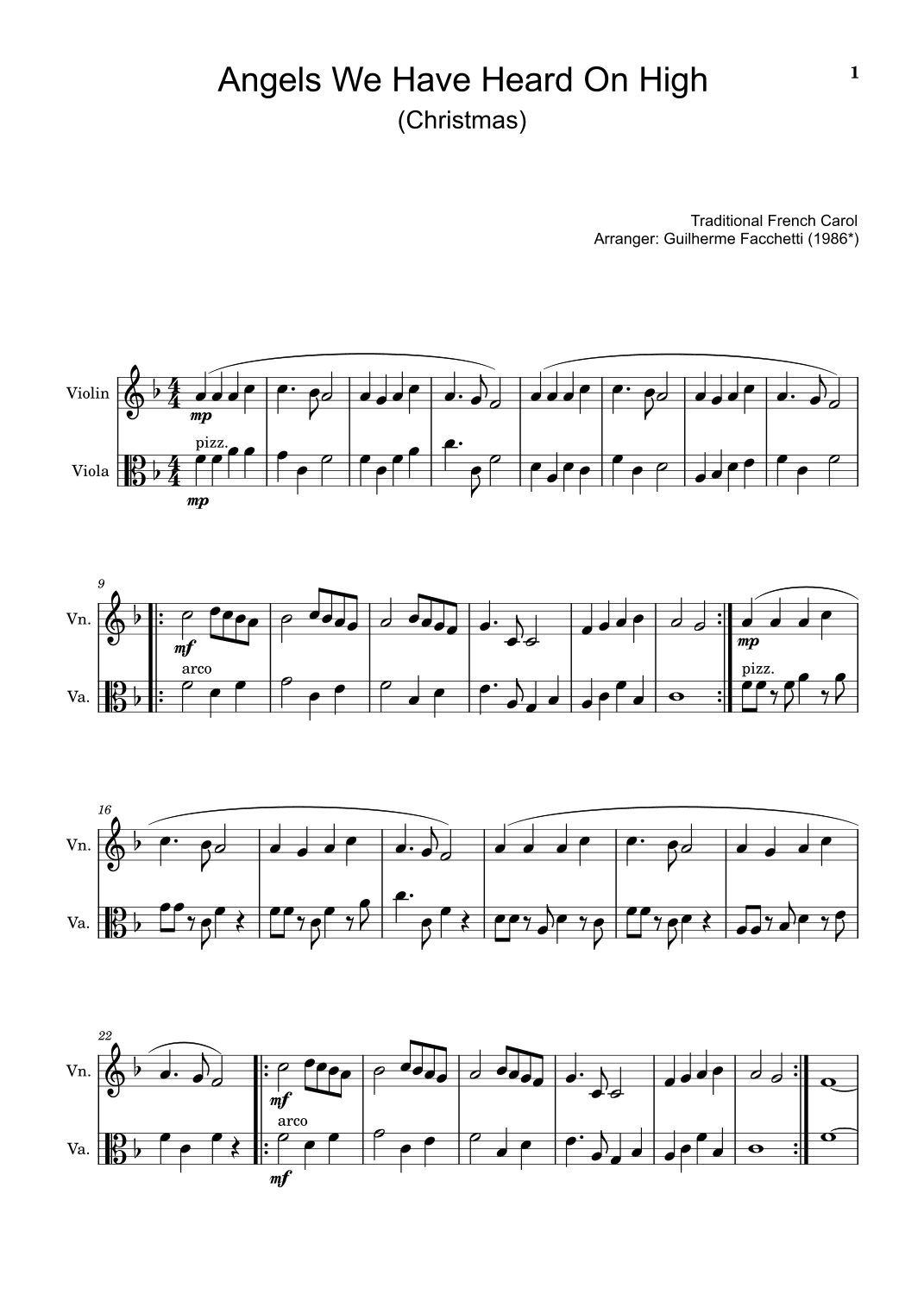 Angels We Have Heard On High - Arranged for Violin and Viola. (arr. Guilherme Facchetti)