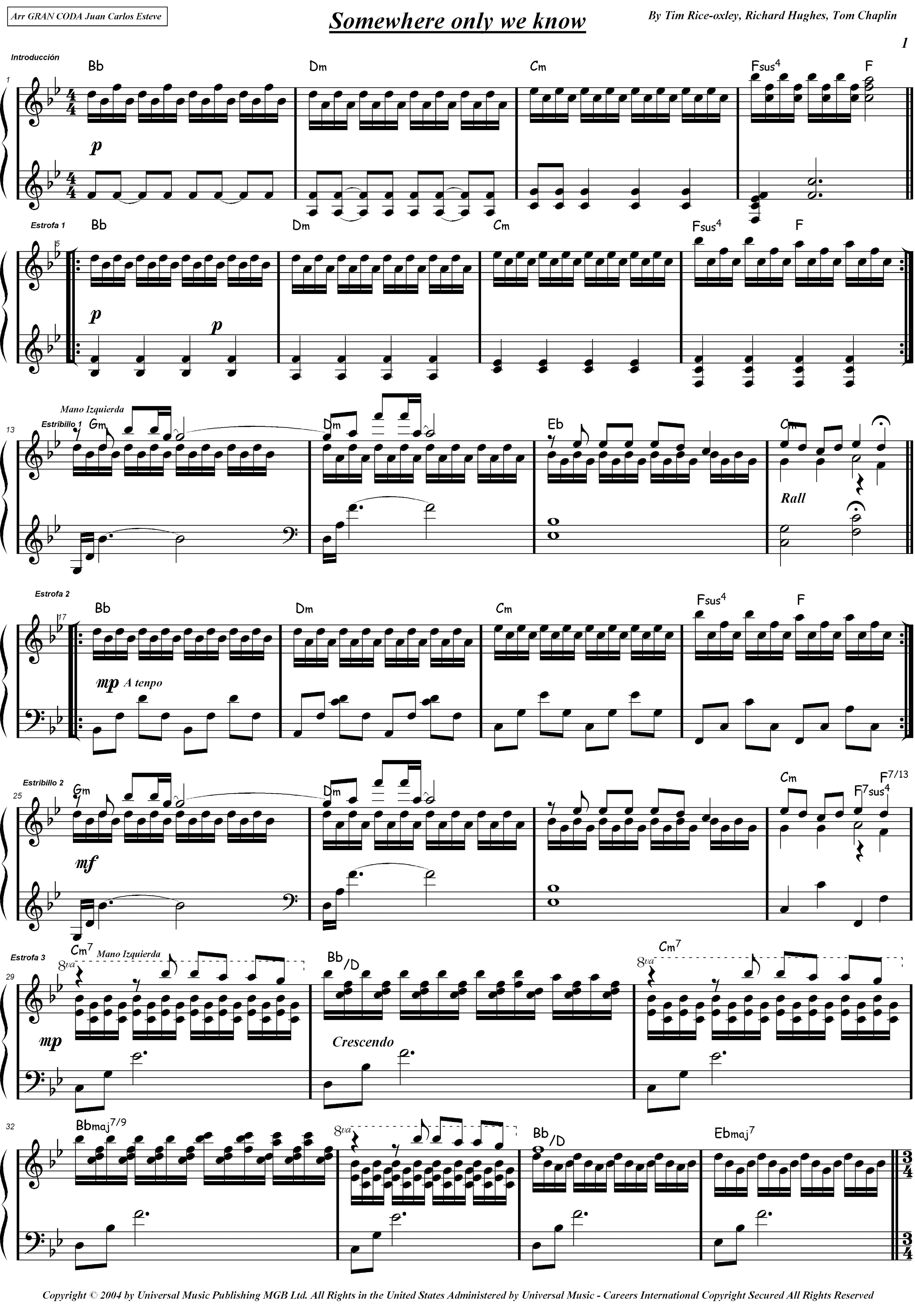 Somewhere Only We Know (arr. juan carlos esteve / Gran Coda)