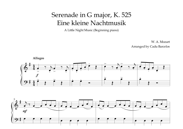 Serenade in G major, K. 525 / Eine kleine Nachtmusik /A Little Night Music - Beginning Piano (arr. Cadu Barcelos)