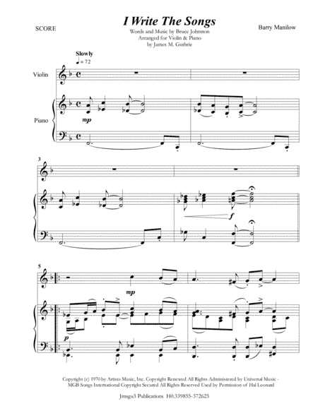 I Write The Songs (arr. James M. Guthrie, ASCAP)