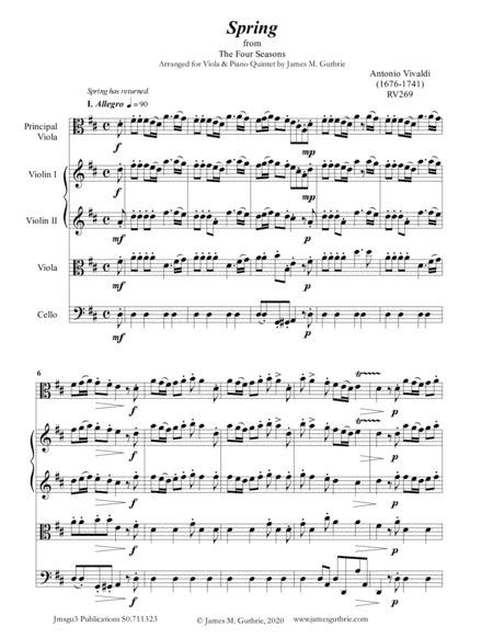 Vivaldi: Spring from the Four Seasons for Viola & String Quartet (arr. James M. Guthrie, ASCAP)