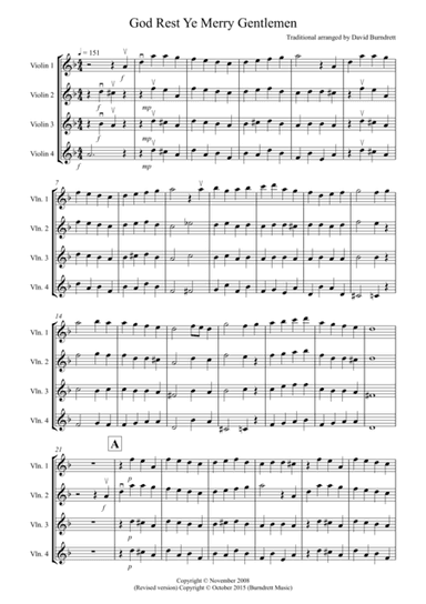 God Rest Ye Merry Gentlemen for Violin Quartet (arr. David Burndrett)