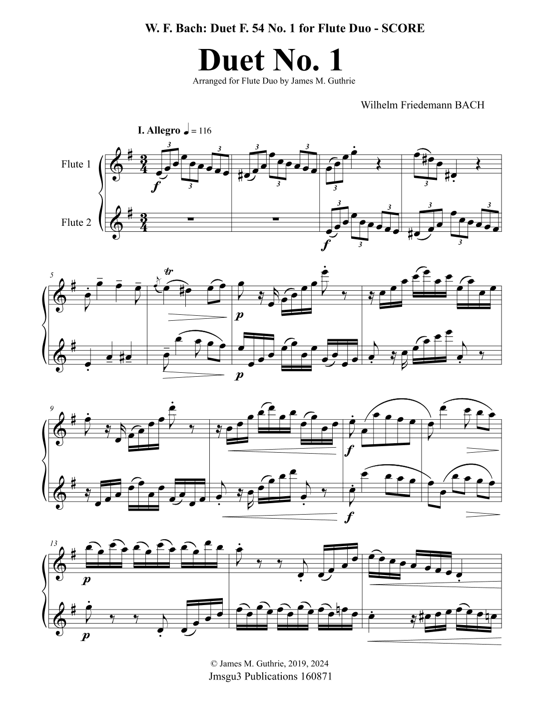 WF Bach: Duet No. 1 for Flute Duo (arr. James M. Guthrie)