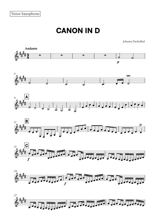 Canon in D (for Tenor Saxophone) (arr. Cadenza Editions)