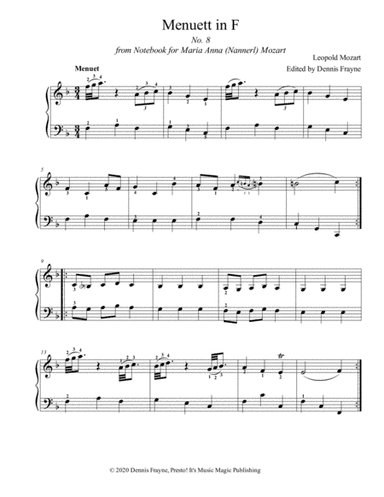 Menuett in F, No. 8 from Notebook for Maria Anna (Nannerl) Mozart (arr. Presto! It's Music Magic Publishing)