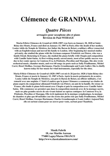 Clémenace de Grandval: Quatre Pièces (Four Pieces) for alto saxophone and pIano (arr. Musik Fabrik Music Publishing)
