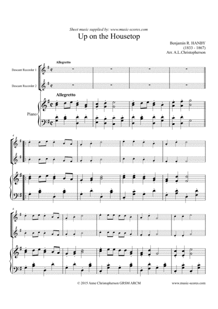 Up on the Housetop - 2 Descant Recorders & Piano (arr. Anne L Christopherson GRSM ARCM)