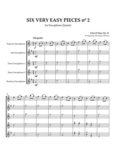 Six Very Easy Pieces nº 2 (Allegretto) - for Saxophone Quintet (arr. Henrique Oliveira)