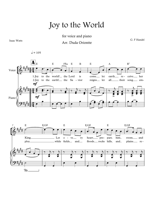 Joy to the World (E major - one voice - with chords) (arr. Duda Oriontte)