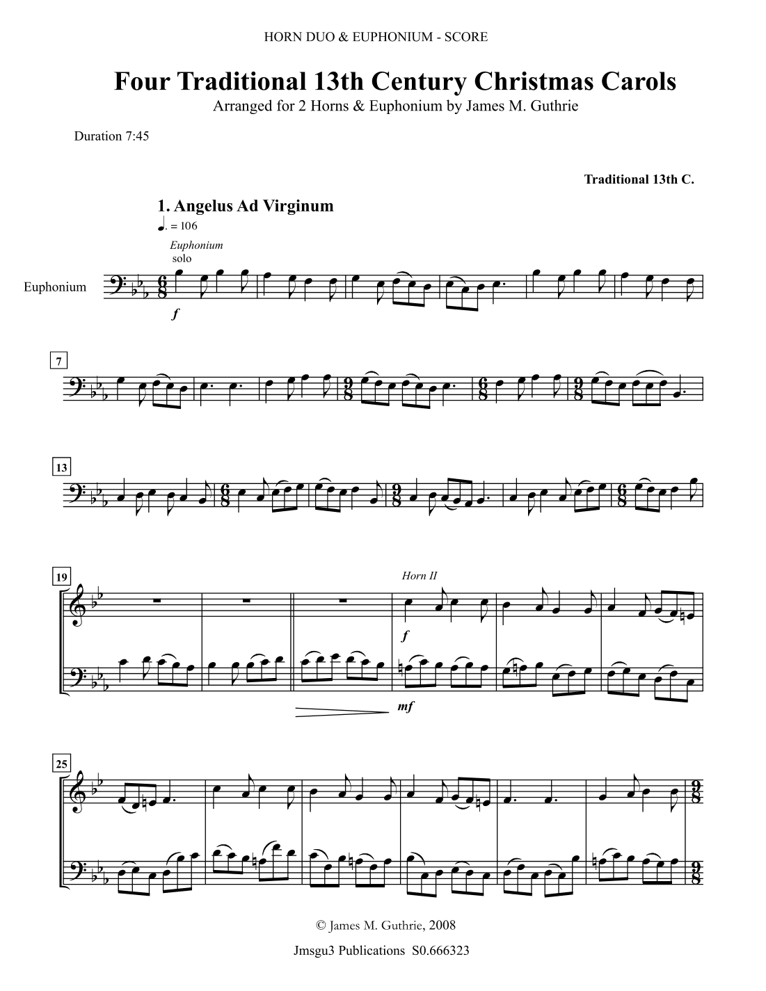 Four Traditional 13th Century Christmas Carols for 2 Horns & Euphonium (arr. James M. Guthrie, ASCAP)