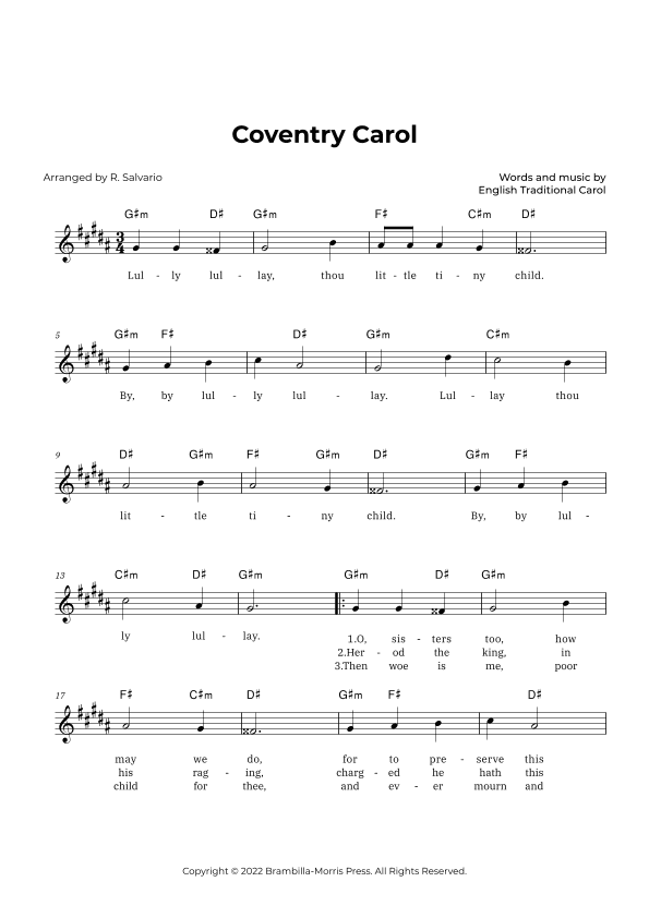 Coventry Carol (Key of G-Sharp Minor) (arr. R. Salvario)