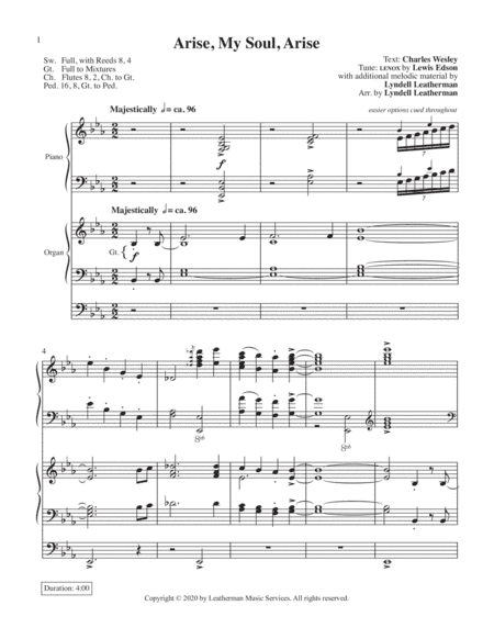 Arise, My Soul, Arise--Piano/Organ Duet edition (arr. Lyndell Leatherman)