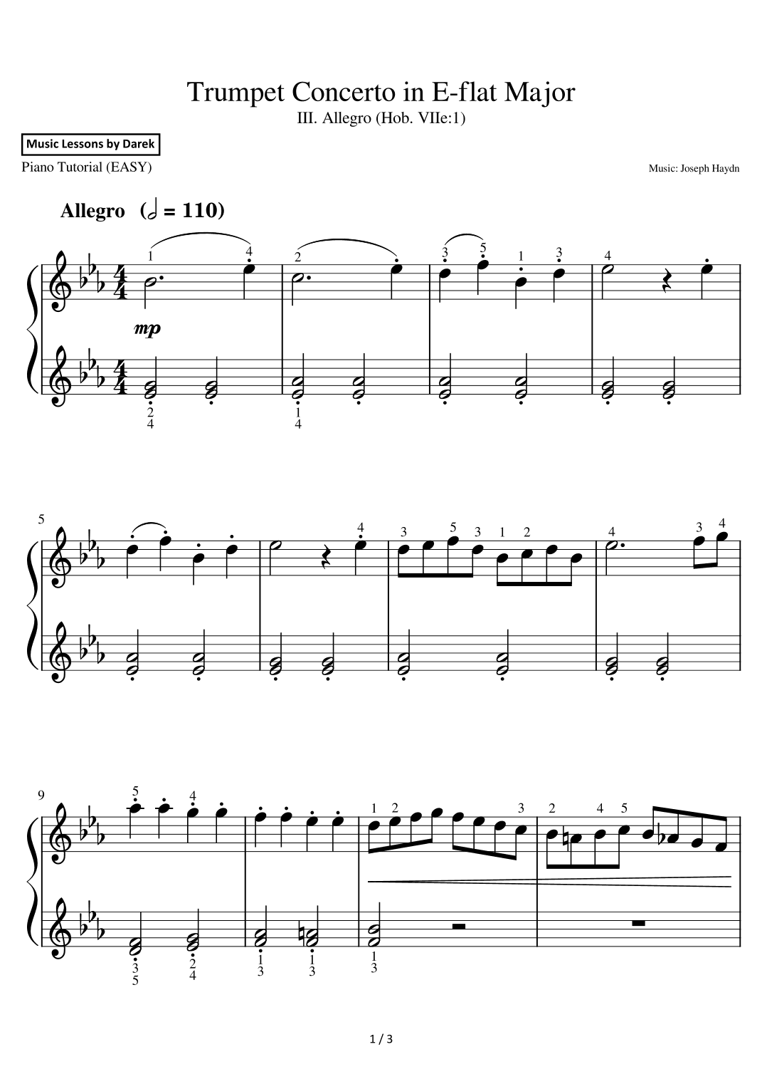 Trumpet Concerto in E-flat Major (EASY PIANO) III. Allegro (Hob. VIIe:1) [Joseph Haydn] (arr. Darek)
