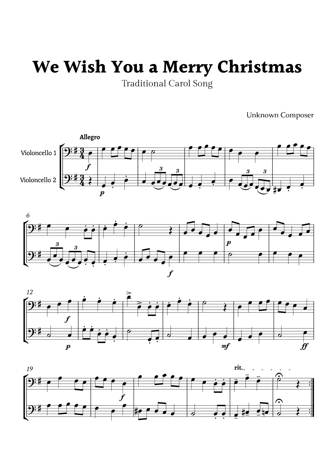 We Wish you a Merry Christmas Cello Duet (arr. Rika K.)