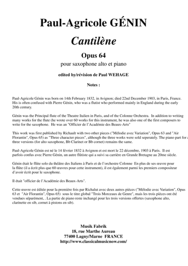Paul-Agricole Génin: Cantilène, Opus 64 for alto saxophone and piano (arr. Paul Wehage)