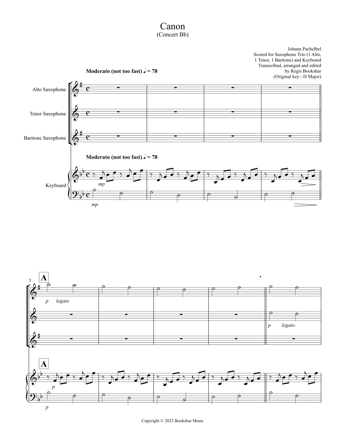 Canon (Pachelbel) (Bb) (Saxophone Trio - 1 Alto, 1 Tenor, 1 Bari), Keyboard) (arr. Regis Bookshar)