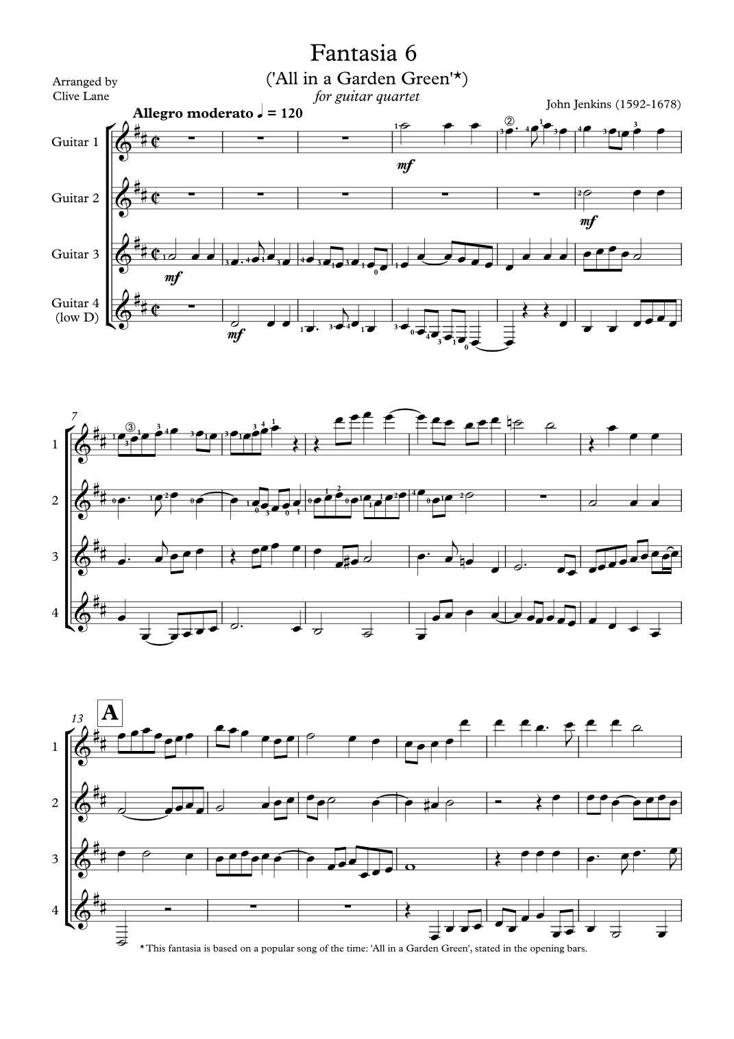 Jenkins Fantasia 6 for guitar quartet (arr. Clive Lane)