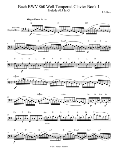 Bach BWV 860 Well Tempered Clavier Prelude #15 In G Bassoon Studies (arr. R G Roth)