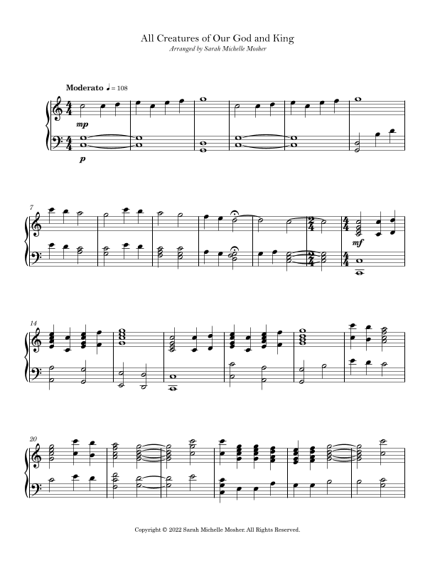 All Creatures of Our God and King (Intermediate Piano or Harp) (arr. Sarah Michelle Mosher)