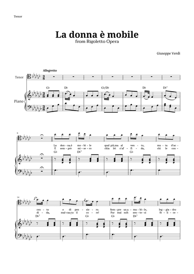 La donna è mobile in G-flat major for Tenor and Piano (arr. Langanho)