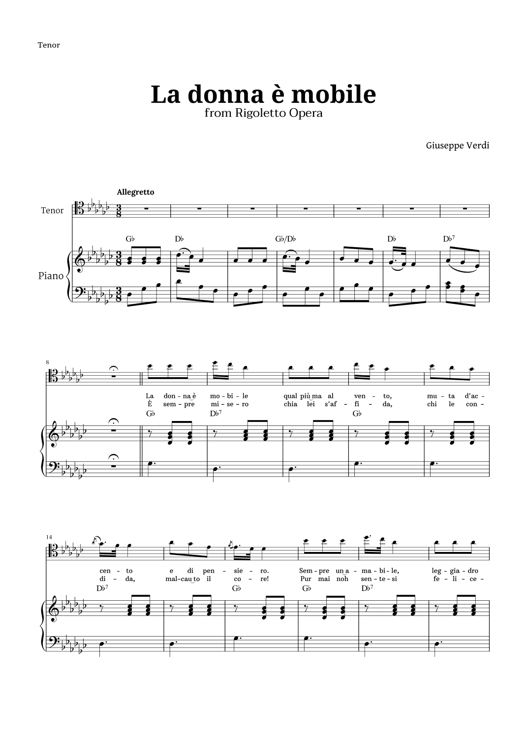 La donna è mobile in G-flat major for Tenor and Piano (arr. Langanho)