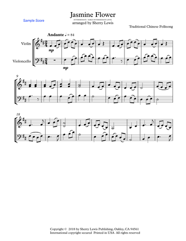 JASMINE FLOWER - Traditional Chinese Folk Song, String Duo, Intermediate Level for violin and cello (arr. Sherry Lewis)