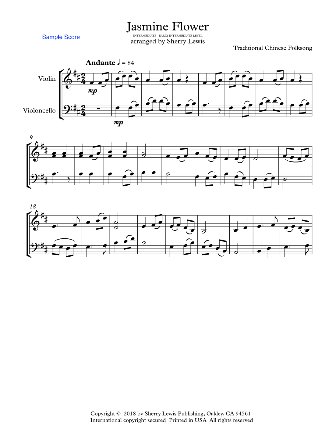 JASMINE FLOWER - Traditional Chinese Folk Song, String Duo, Intermediate Level for violin and cello (arr. Sherry Lewis)