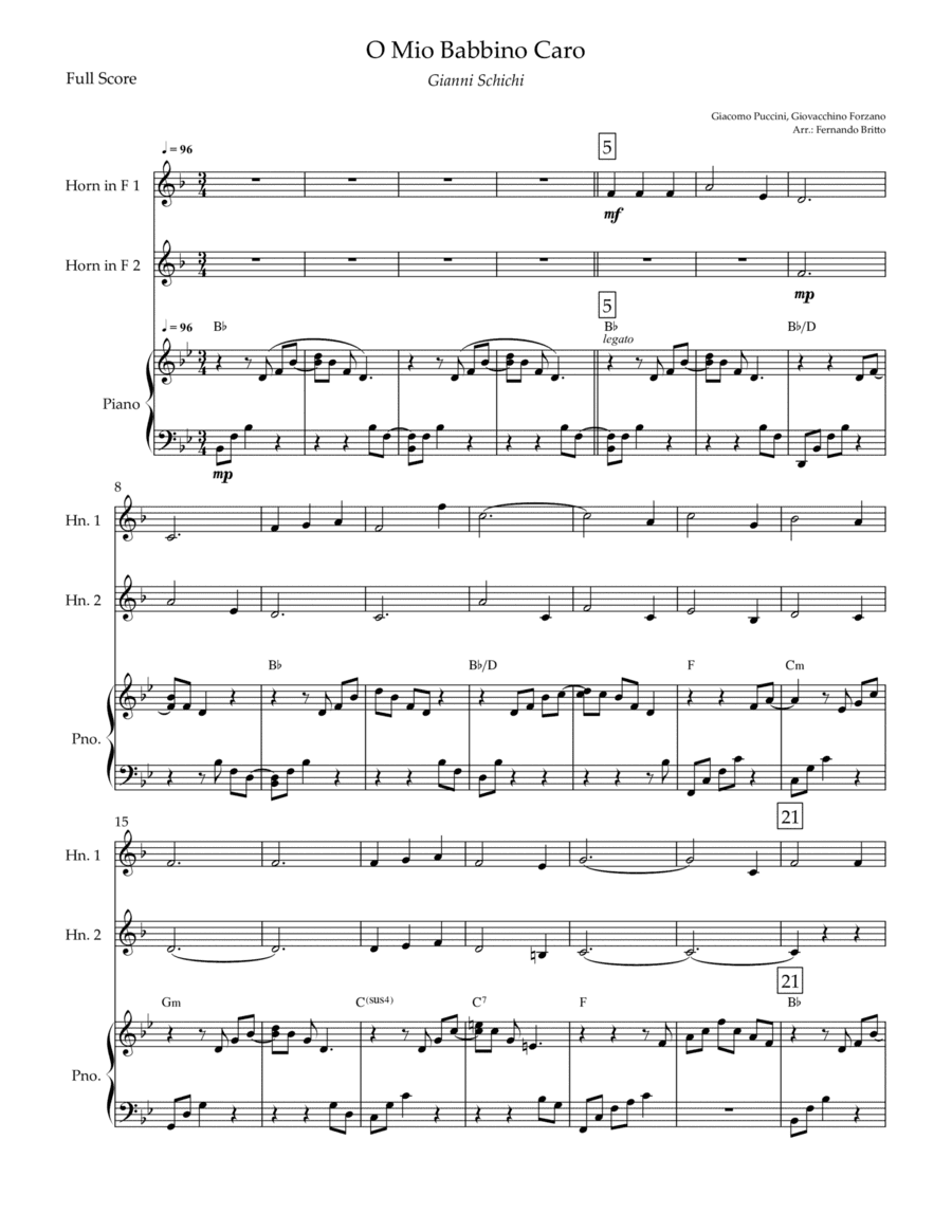 O Mio Babbino Caro (Puccini) for Horn in F Duo and Piano Accompaniment with Chords (arr. Fernando Britto)