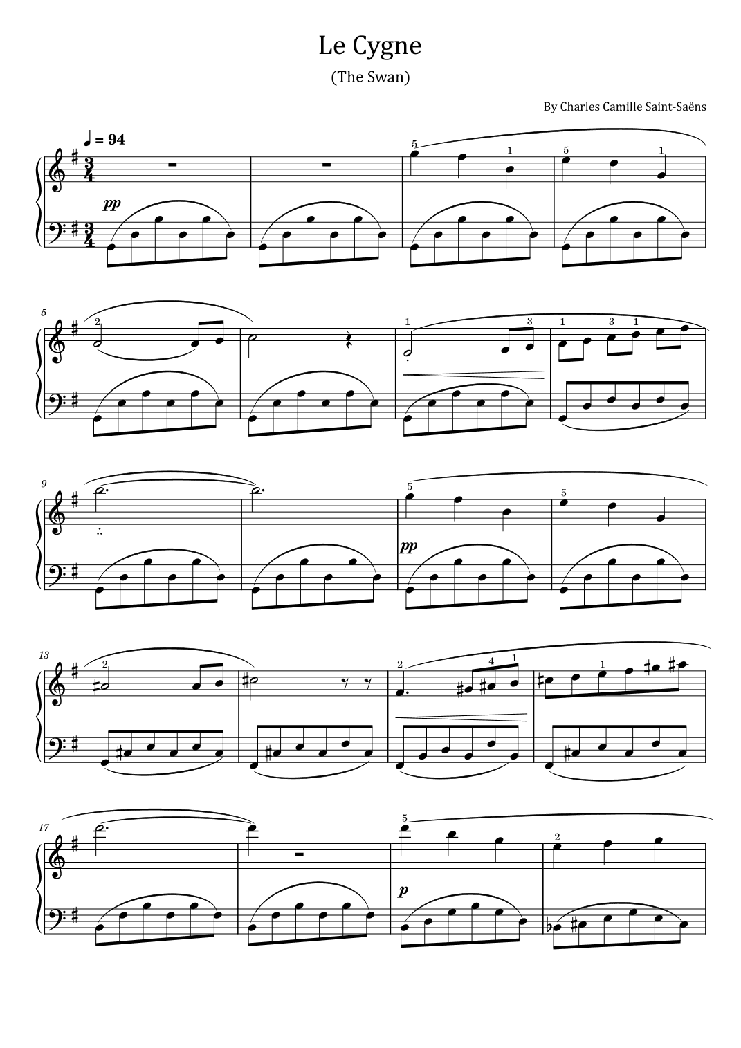 Le Cygne (The Swan) - For Piano Solo - With Finger - Saint-Saëns (arr. poon)