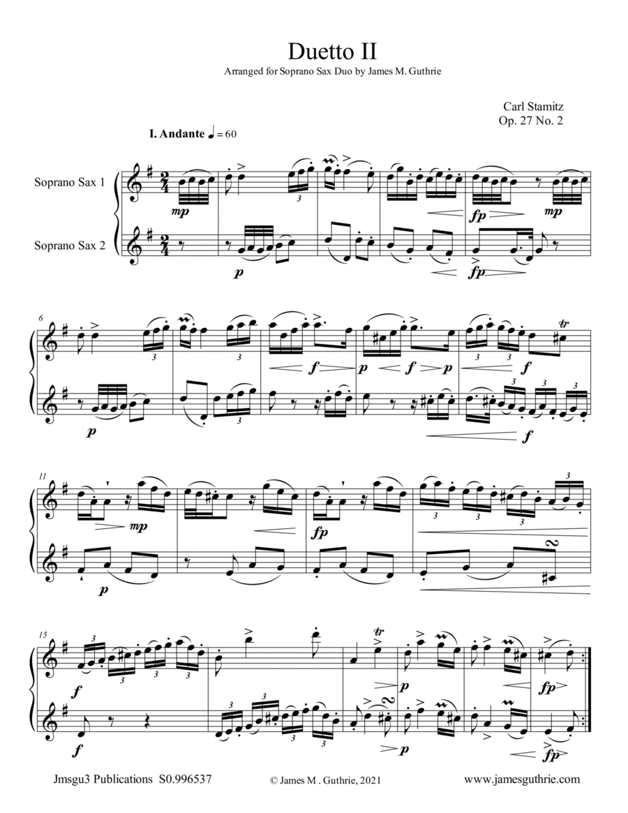Stamitz: Duet Op. 27 No. 2 for Soprano Sax Duo (arr. James M. Guthrie)