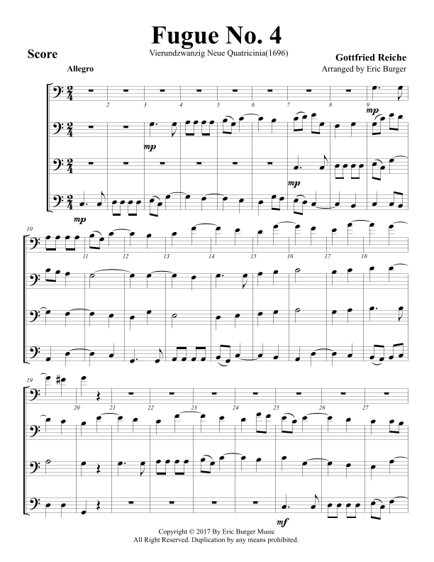 Fugue No. 4 for Trombone or Low Brass Quartet (arr. Eric Burger Music)