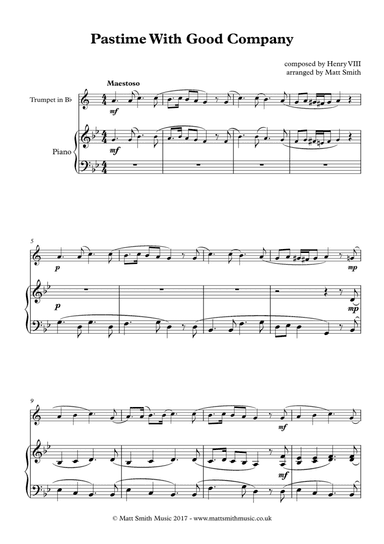 Pastime With Good Company by Henry VIII - TRUMPET WITH PIANO ACCOMPANIMENT (arr. Matt Smith)