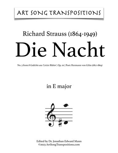 STRAUSS: Die Nacht, Op. 10 no. 3 (transposed to E major) (arr. ArtSongTranspositions.com)