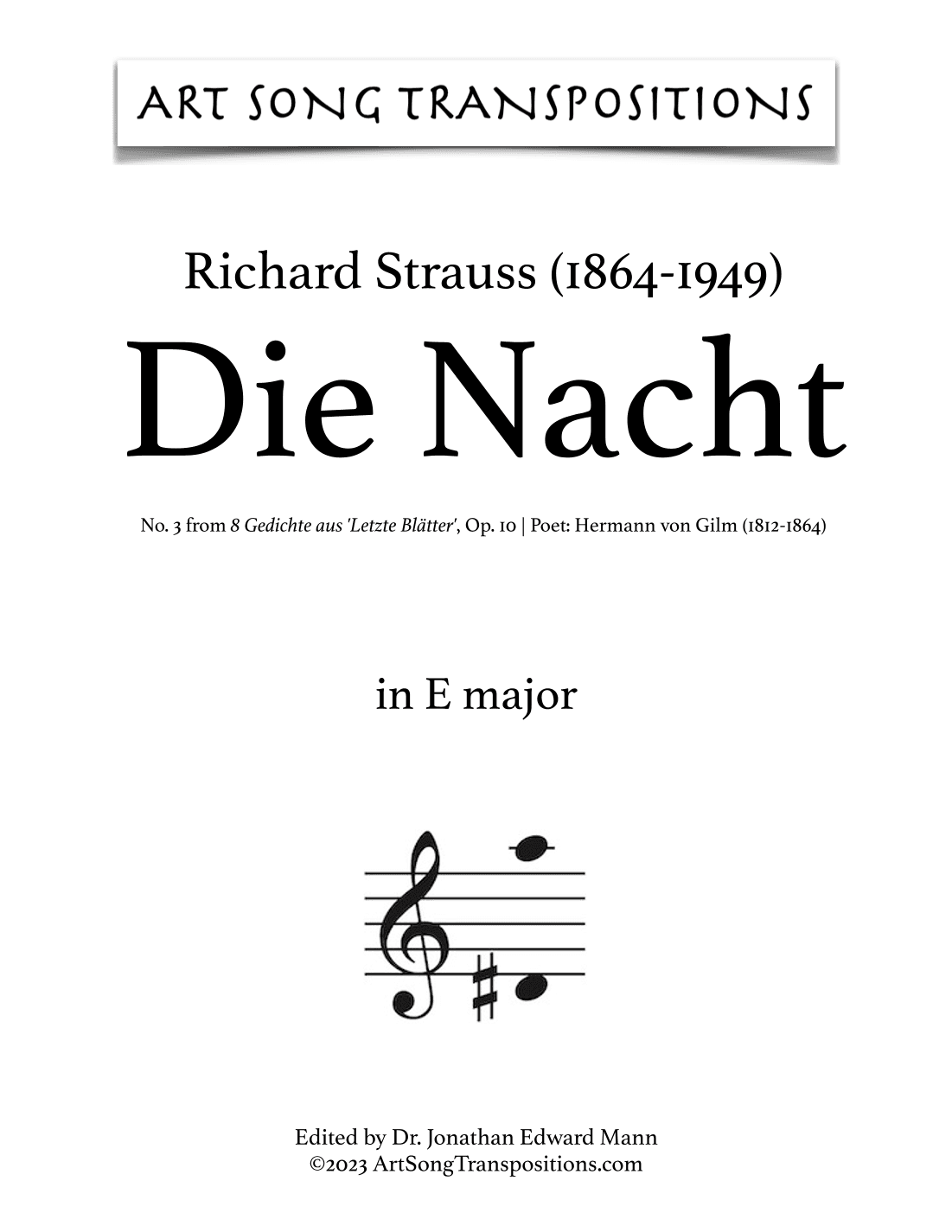 STRAUSS: Die Nacht, Op. 10 no. 3 (transposed to E major) (arr. ArtSongTranspositions.com)