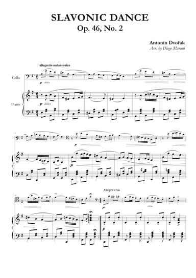 Slavonic Dance Op. 46 No. 2 for Cello and Piano (arr. Diego Marani)