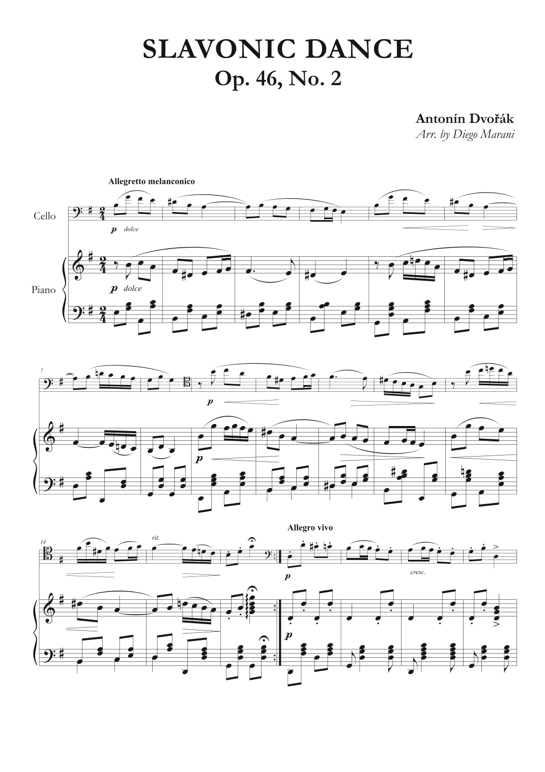 Slavonic Dance Op. 46 No. 2 for Cello and Piano (arr. Diego Marani)