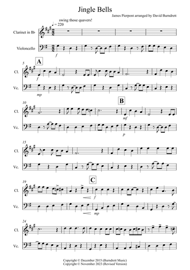 Jingle Bells (Jazzy Style!) for Clarinet and Cello Duet (arr. David Burndrett)