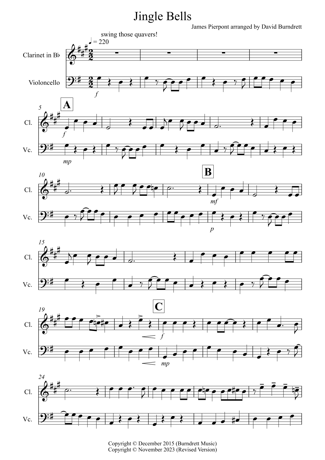 Jingle Bells (Jazzy Style!) for Clarinet and Cello Duet (arr. David Burndrett)
