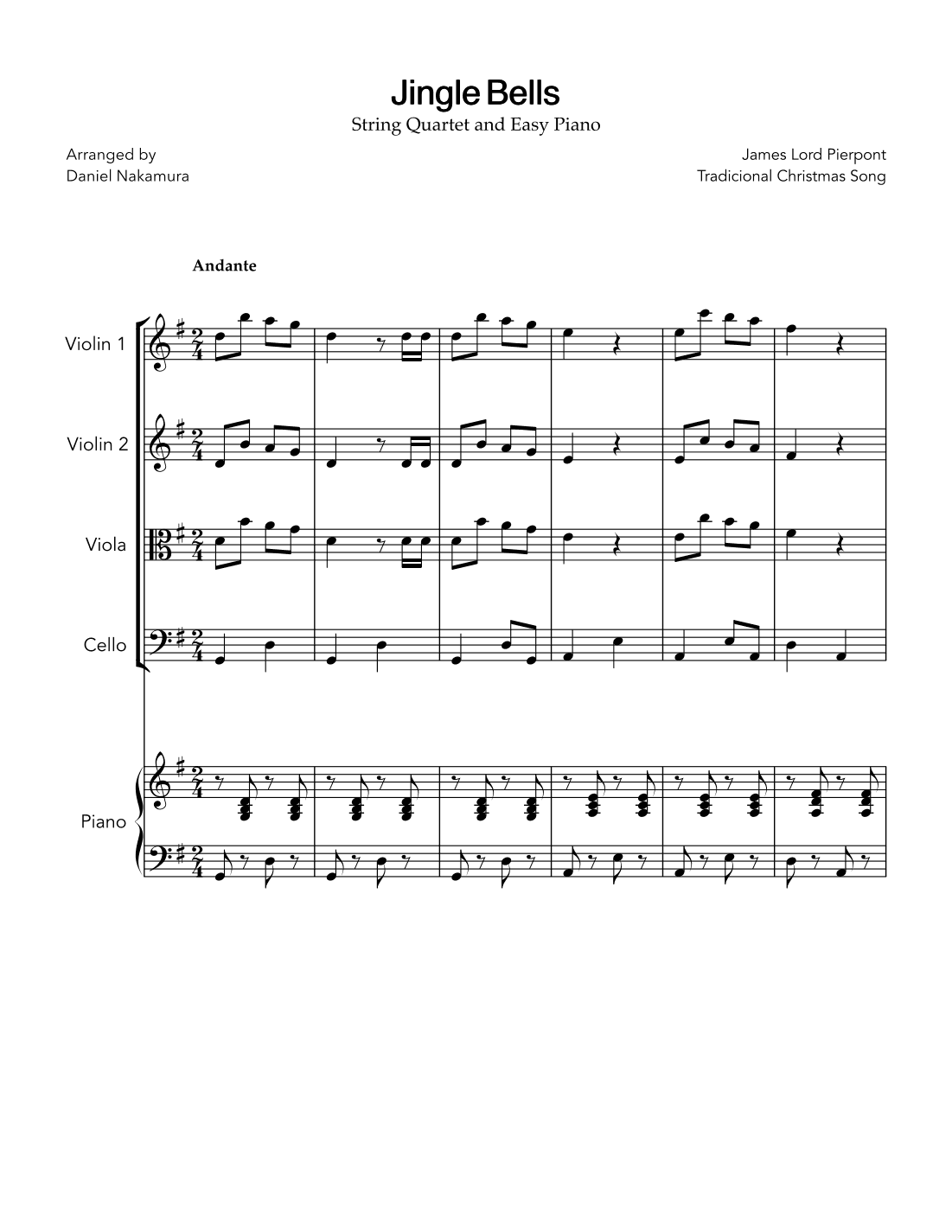 Jingle Bells (for String Quartet and Easy Piano) (arr. Daniel Nakamura)
