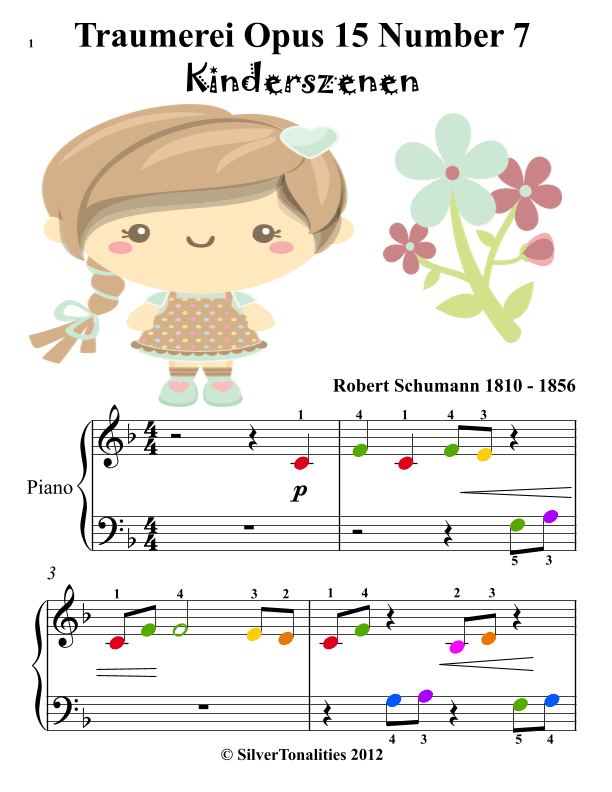 Traumerei Opus 15 Number 7 Kinderszenen Beginner Piano Sheet Music with Colored Notes (arr. SilverTonalities)