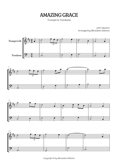Amazing Grace • easy trumpet and trombone sheet music (arr. Benzaiten Editions)