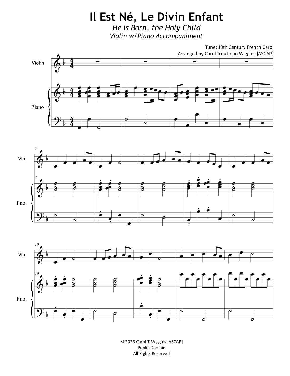 Il Est Né, Le Divin Enfant (Violin w/Piano Accompaniment) (arr. Carol Troutman Wiggins)