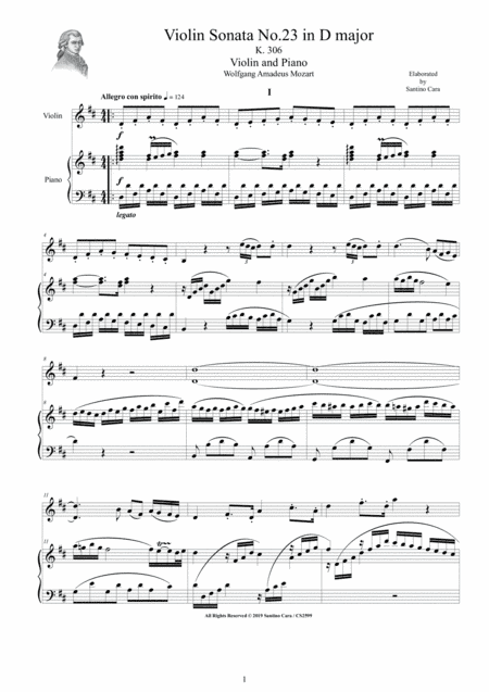 Mozart - Violin Sonata No.23 in D major K 306 for Violin and Piano - Score and Part (arr. Santino Cara)