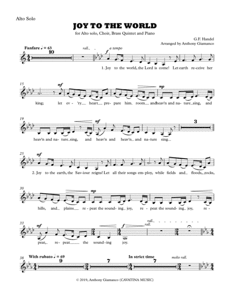 Joy to the World (alto solo, choir, piano, brass quintet) - ALTO SOLO PART (arr. Anthony Giamanco)