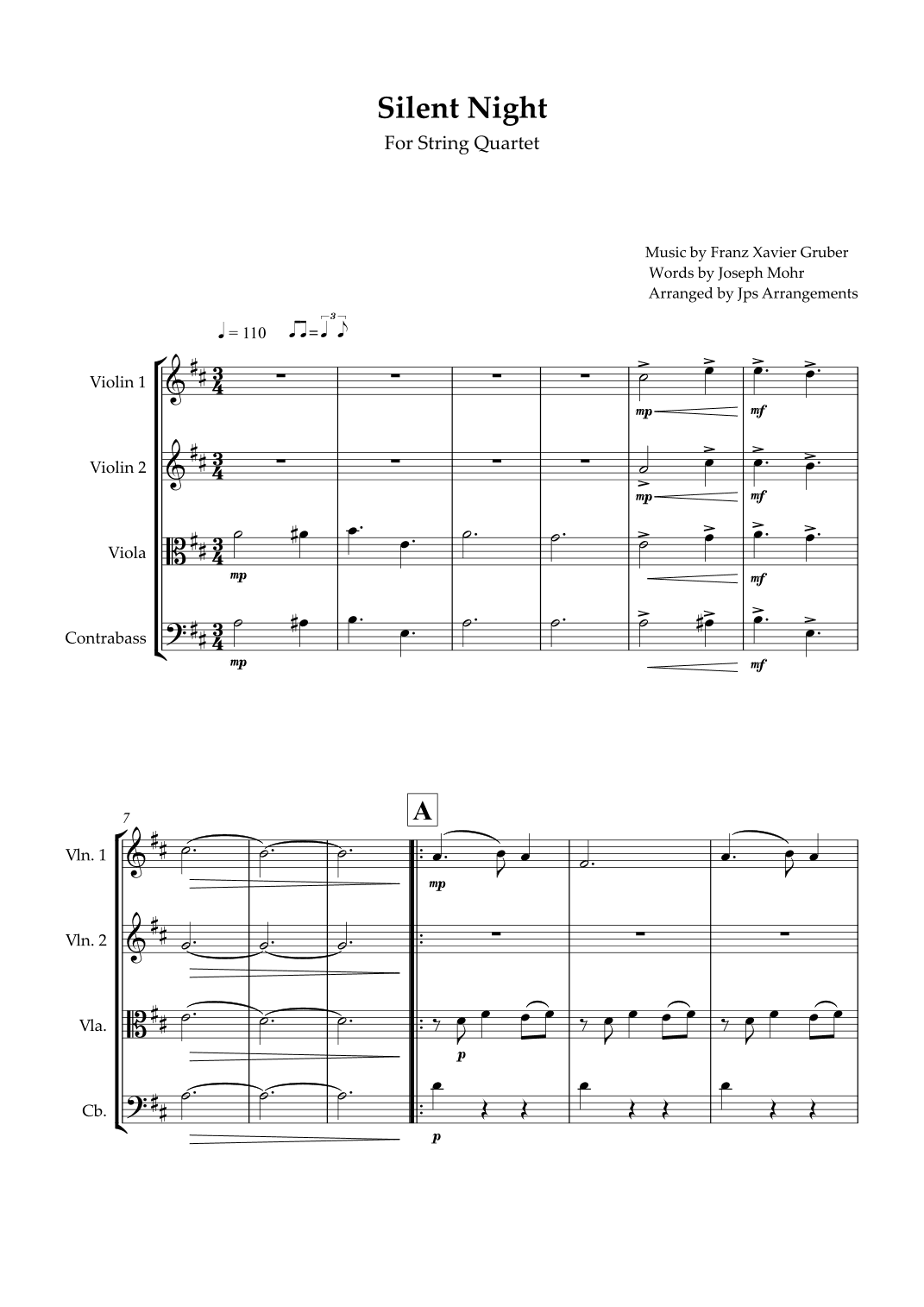 Silent Night for String Quartet in D Major (arr. Jps Arrangements)