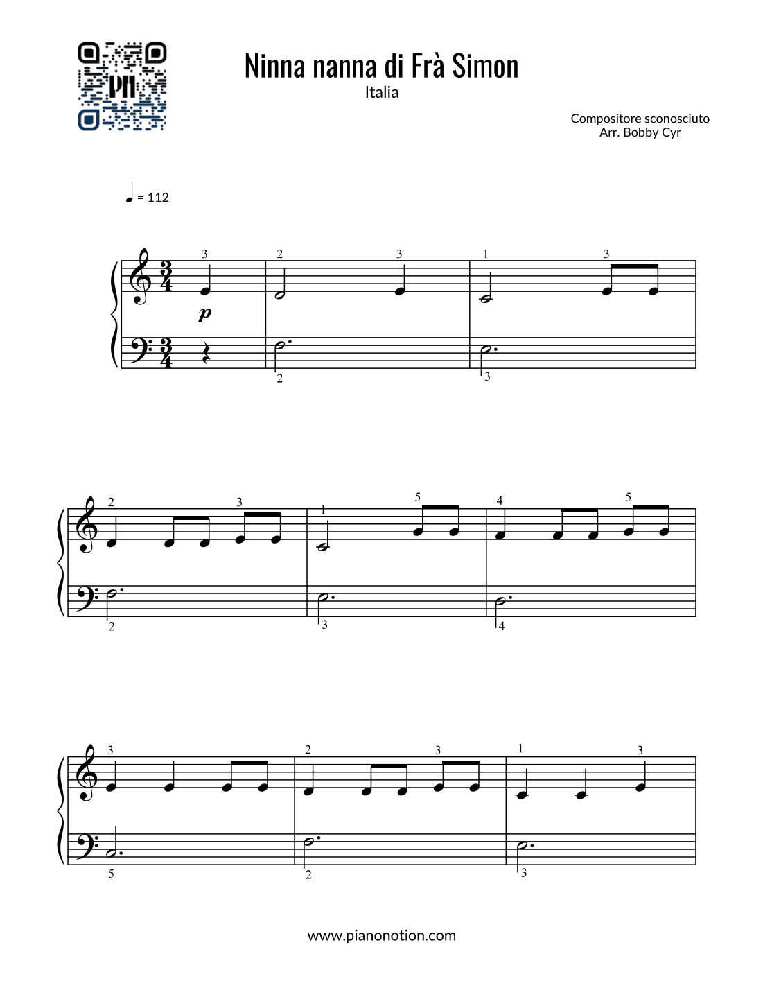 Ninna Nanna di Frà Simon - Filastrocche (pianoforte facile) (arr. Bobby Cyr - Piano Notion)