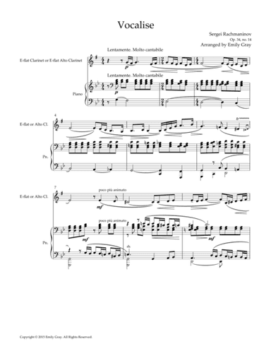 Vocalise, for E-flat (or Alto) Clarinet and Piano (arr. Emily Gray)