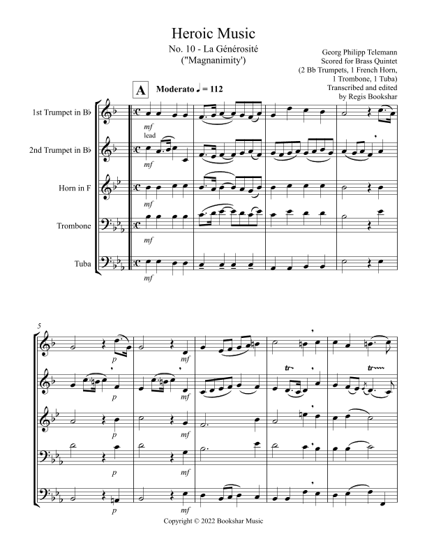 Heroic Music - No. 10. La Generosite (Eb) (Brass Quintet - 2 Trp, 1 Hrn, 1 Trb, 1 Tuba) (arr. Regis Bookshar)
